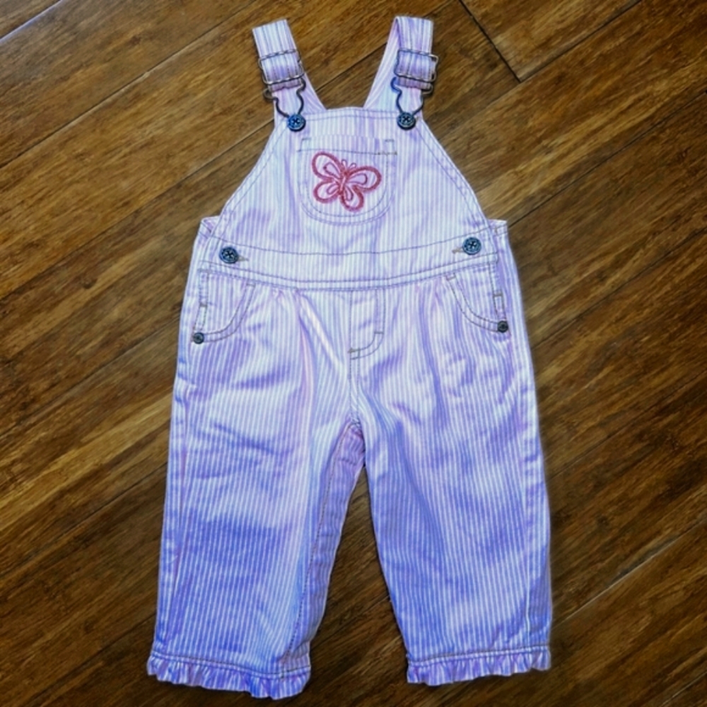 6m OshKosh B'Gosh Pink Striped Kids Overalls Butterfly Embroidery 100% Cotton